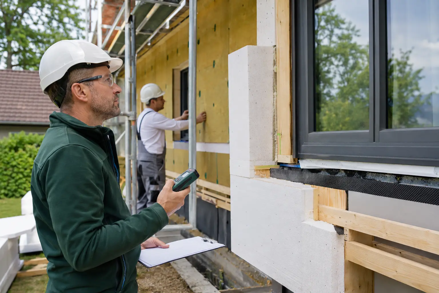Energetische Details werden auf einer Baustelle fachlich geprüft