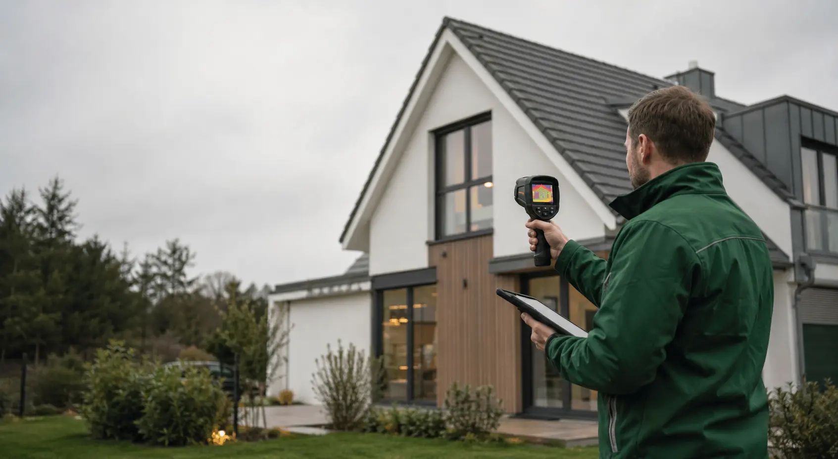 Gebäudeenergieberater untersucht ein Wohnhaus mit einer Wärmebildkamera